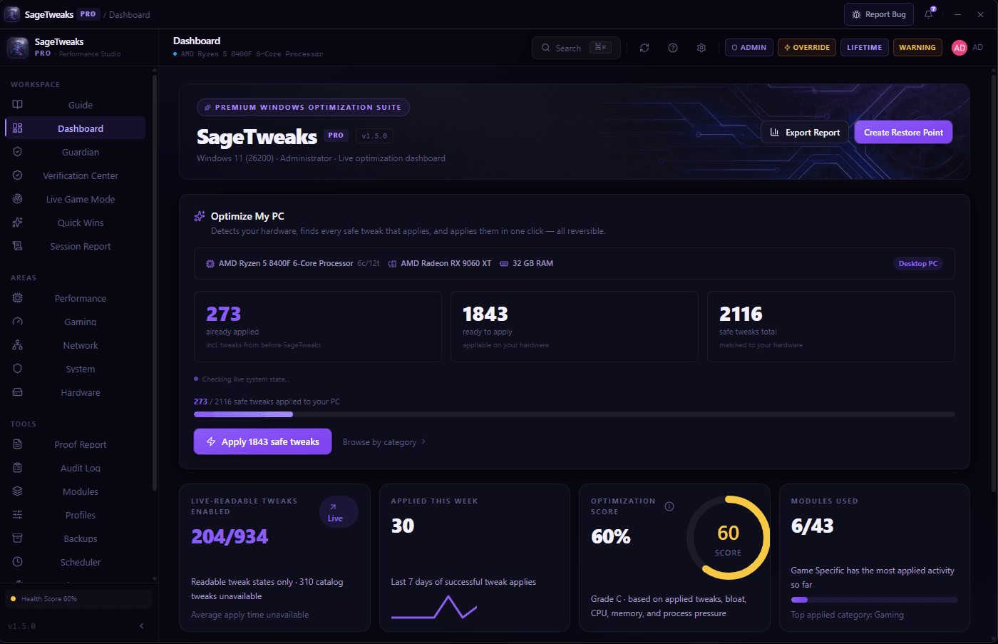 SageTweaks Dashboard Preview